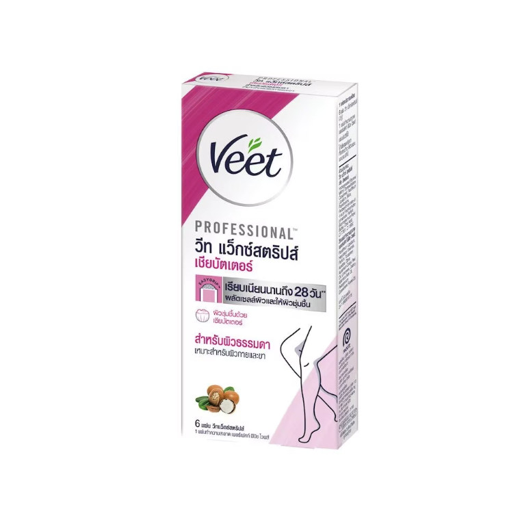Veet Professional ผลิตภัณฑ์กำจัดขน แว็กว์สตริปส์ เชีย บัตเตอร์ สำหรับผิวธรรมดา 6 แผ่น