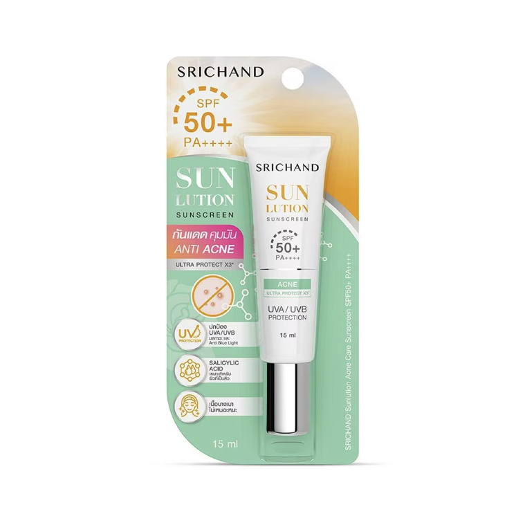 SRICHAND Sun Lotion ศรีจันทร์ ซันลูชั่น แอคเน่ แคร์ ซันสกรีน SPF50+ PA++++ 15 มล.